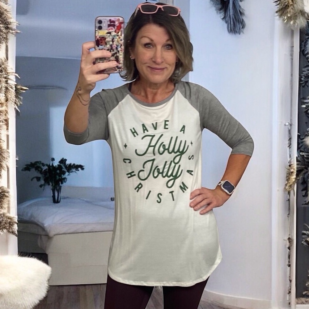 Lovely Souls Womens Holly Jolly Christmas Holiday 3/4 Sleeve Raglan T-Shirt